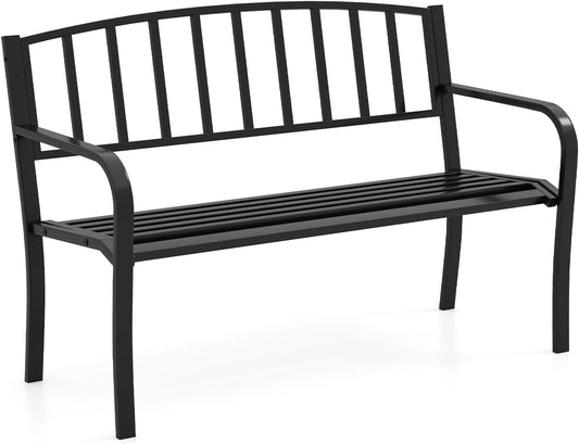 Tangkula Metal Outdoor Park Bench, 50 Inches Patio Garden Bench with Slatted Backrest and Curved Armrests, 2-3-Person Patio Bench, Outdoor Metal Loveseat Chair for Porch, Lawn, Yard and Park