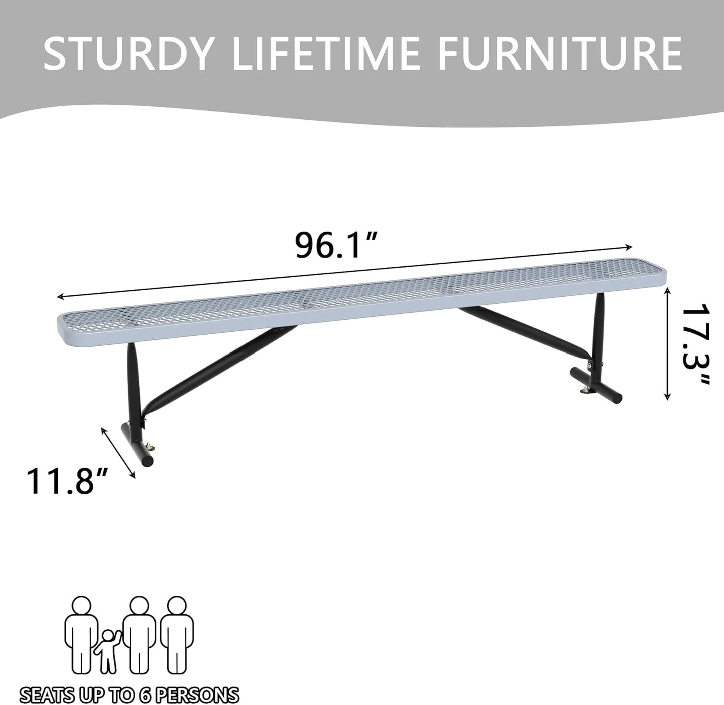 8 Feet Heavy Duty Metal Park Bench for Outside, Outdoor Bench with Portable Frame, Commercial Benches for Shopping Mall, Store, Park, Patio, Deck, Grey