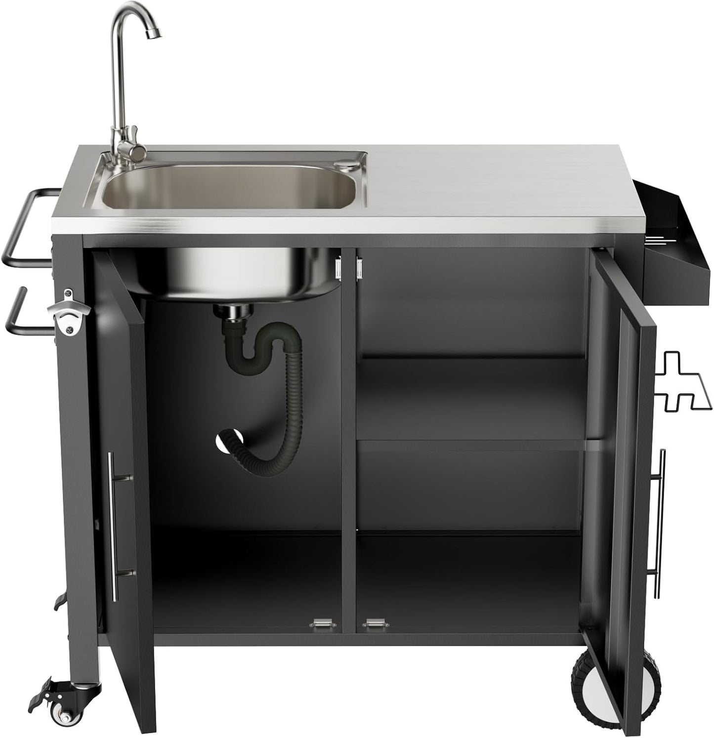 Outdoor Grill Table with Sink, Grill Cart with 304 Stainless Steel Sink and Cabinet, Outdoor Grill Cart,Outdoor Cart Sink Station with Wheels, 38in x 18in x 35in