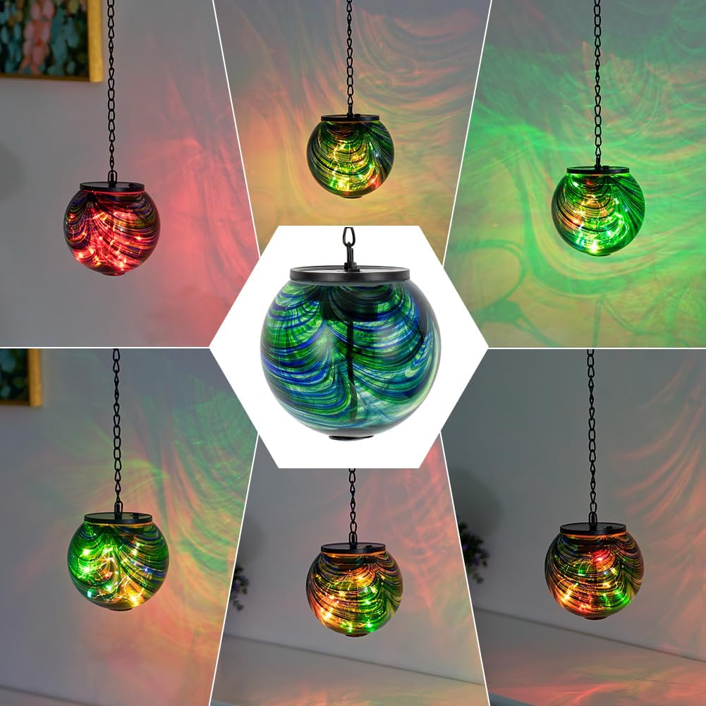Solar Hanging Lanterns Outdoor, Waterproof Solar Gazing Ball Lights, Color Changing Led Glass Globe Lights for Garden Yard Tree Party Decor, Green Swirl