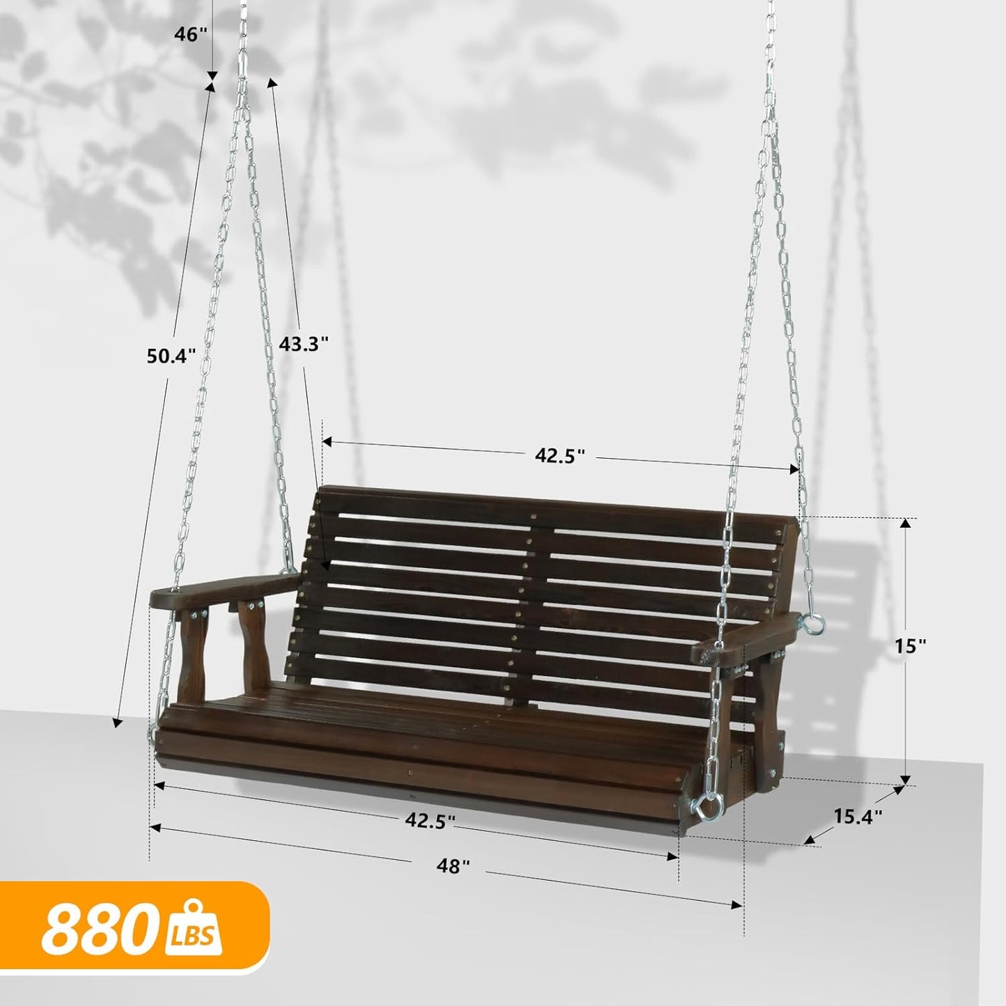 VINGLI Upgraded Patio Wooden Porch Swing for Courtyard & Garden, Heavy Duty 880 LBS Swing Chair Bench with Hanging Chains for Outdoors (Rustic, 4 FT)
