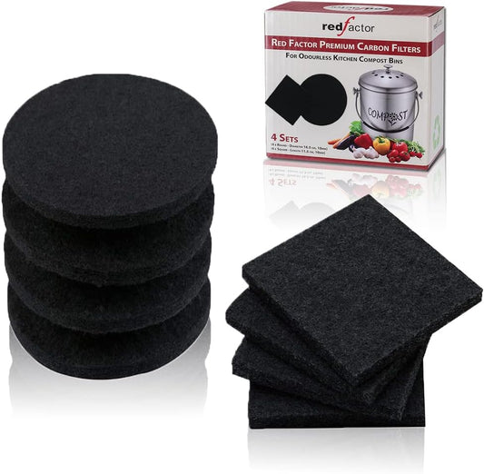 RED FACTOR 8 Pack Extra Thick Charcoal Filters for Kitchen Compost Bins - Activated Carbon Replacement Filters for Odor Free Buckets (4 Round, 4 Square)