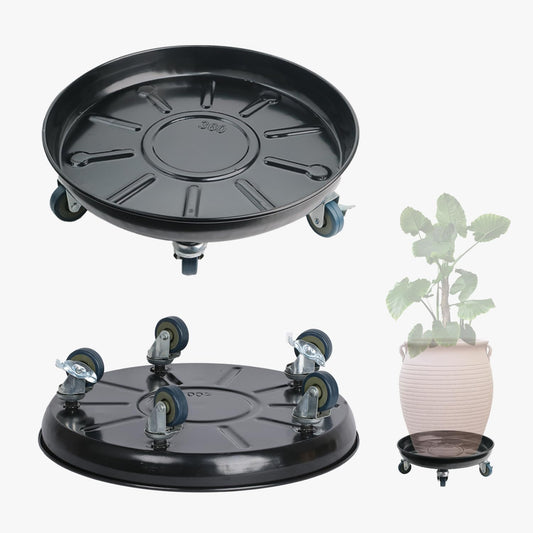 2 Pack Metal Plant Caddy with Wheels 16 Inch Black, Round Rolling Heavy Duty Plant Dolly, Heavy Plant Pot Mover Outdoors or Indoors, The Metal Wheel Can Rotate 360 Degrees or Lockable.