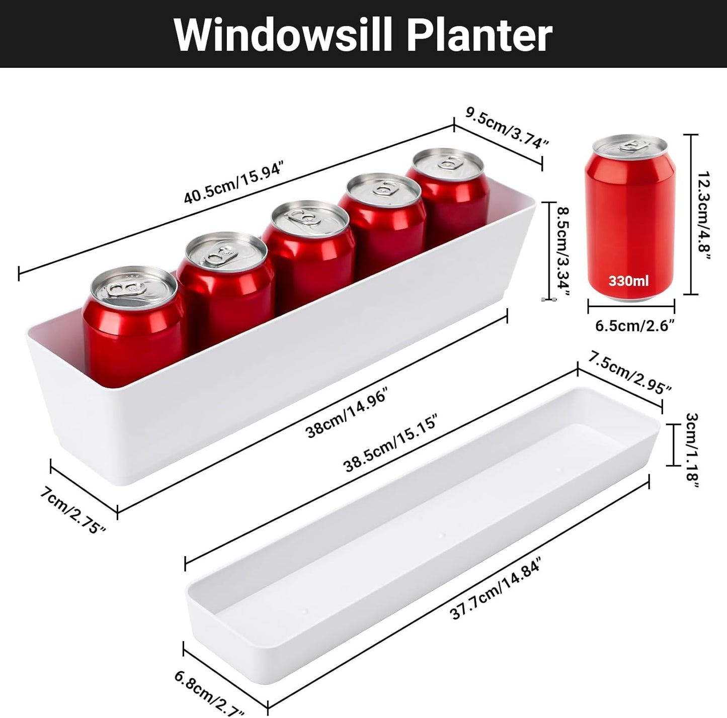 GREANER Window Boxes Planters, 3PCS 16x3.8 Inch Large Herb Planters with Tray, Indoor Succulent Cactus Flowers Vegetable Plastic Rectangle Pots for Balcony, Office, Garden, Outdoor, Windowsill (White)