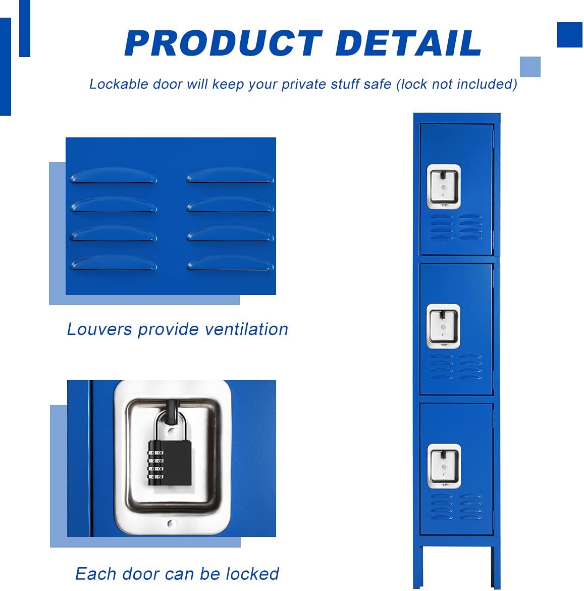 Metal Locker for Employees, Office Storage Lockers 3-Tier Steel Lockers for School Gym Locker Compartment Home Office 3 Doors Blue