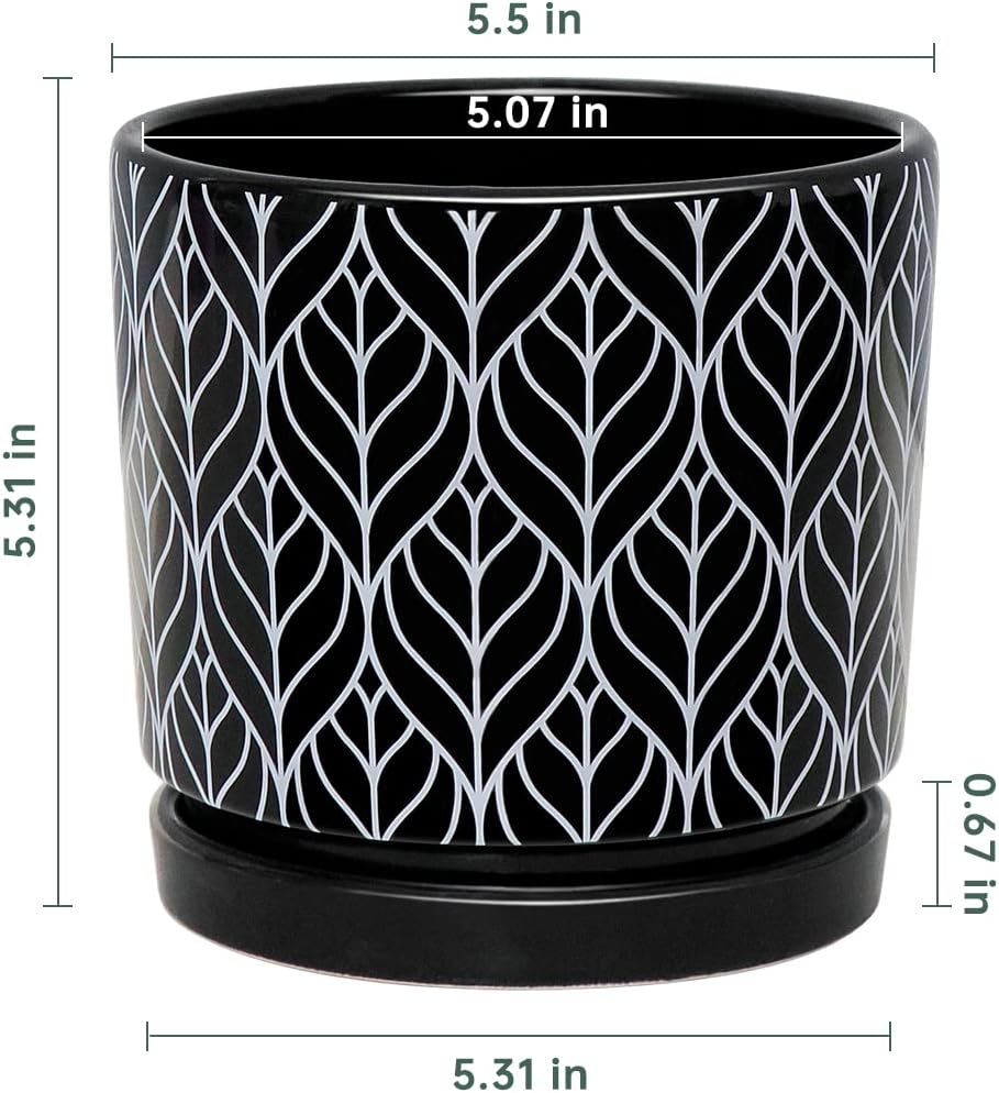 Ton Sin Flower Pots,5.5 Inch Black Ceramic Planter with Drainage Hole,Indoor Cylinder Plant Pots with Saucer,Cactus Succulent Outdoor Garden Pots Set of 4