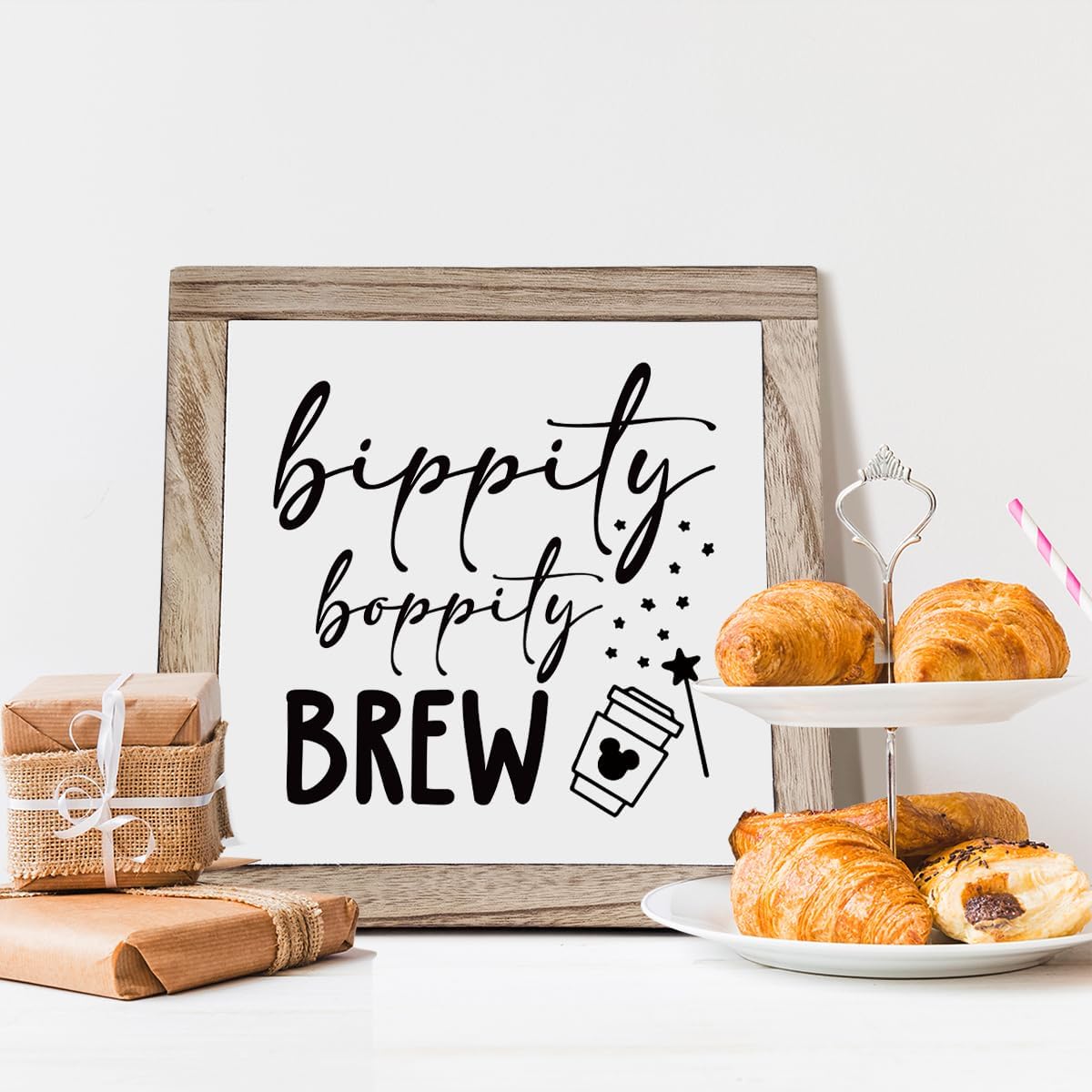 Bippity Boppity Wood Plaque Sign, Box Wood Plaques Desk Décor, Rustic Wooden Coffee Table Sign, Kitchen Home Decor, Tabletop Decor Sign, Coffee Lover Gift, Disney Lover Gift 7.9×7.9inch