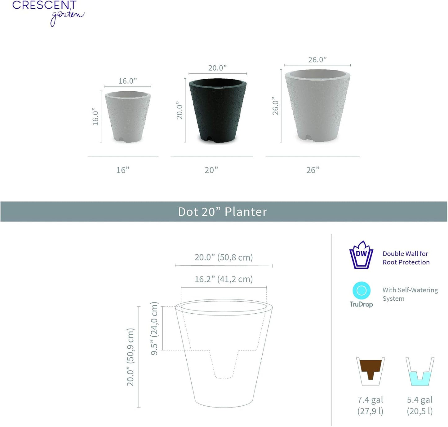 Crescent Garden Dot TruDrop Indoor/Outdoor Planter, Self-Watering Plant Pot, 20 Inches, (Caviar Black)