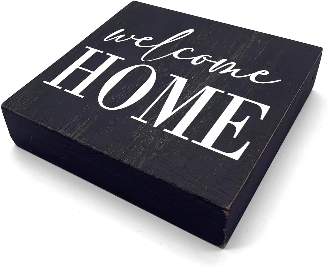 HTBIG Welcome Home Sign Home Decor Desk Decor Wooden Box Sign Rustic Black Wood Block Plaque Box Sign for Women Family Friends Farmhouse Living Room Kitchen Bedroom Shelf Table Decoration