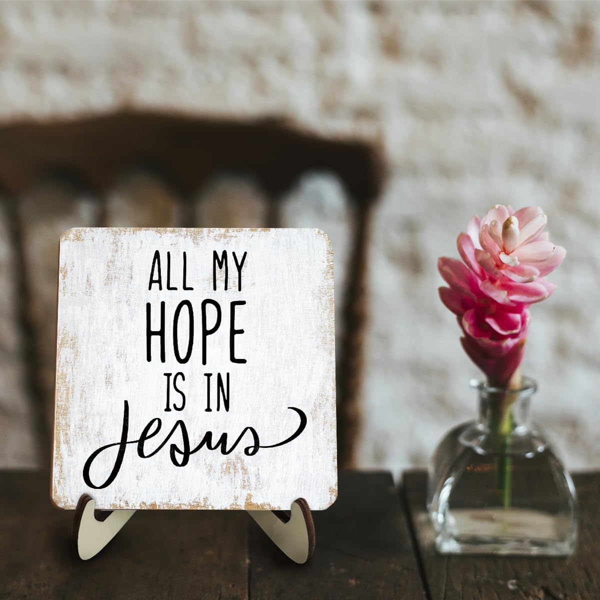 Rustic Wooden Inspirational Sign - 5.1x5.1 inches - Christian Bible Verse - Tabletop Decor - 3 Pack