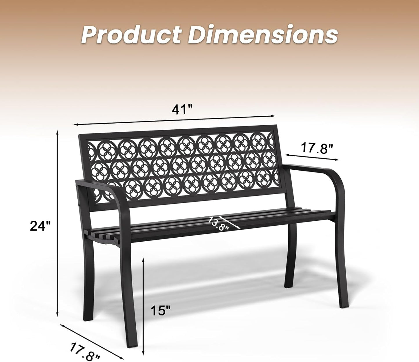 44'' Outdoor Garden Bench, Weatherproof Wrought Iron Metal Patio Bench with Mesh Pattern Backrest, for Front Porch, Park, Yard, Gardens