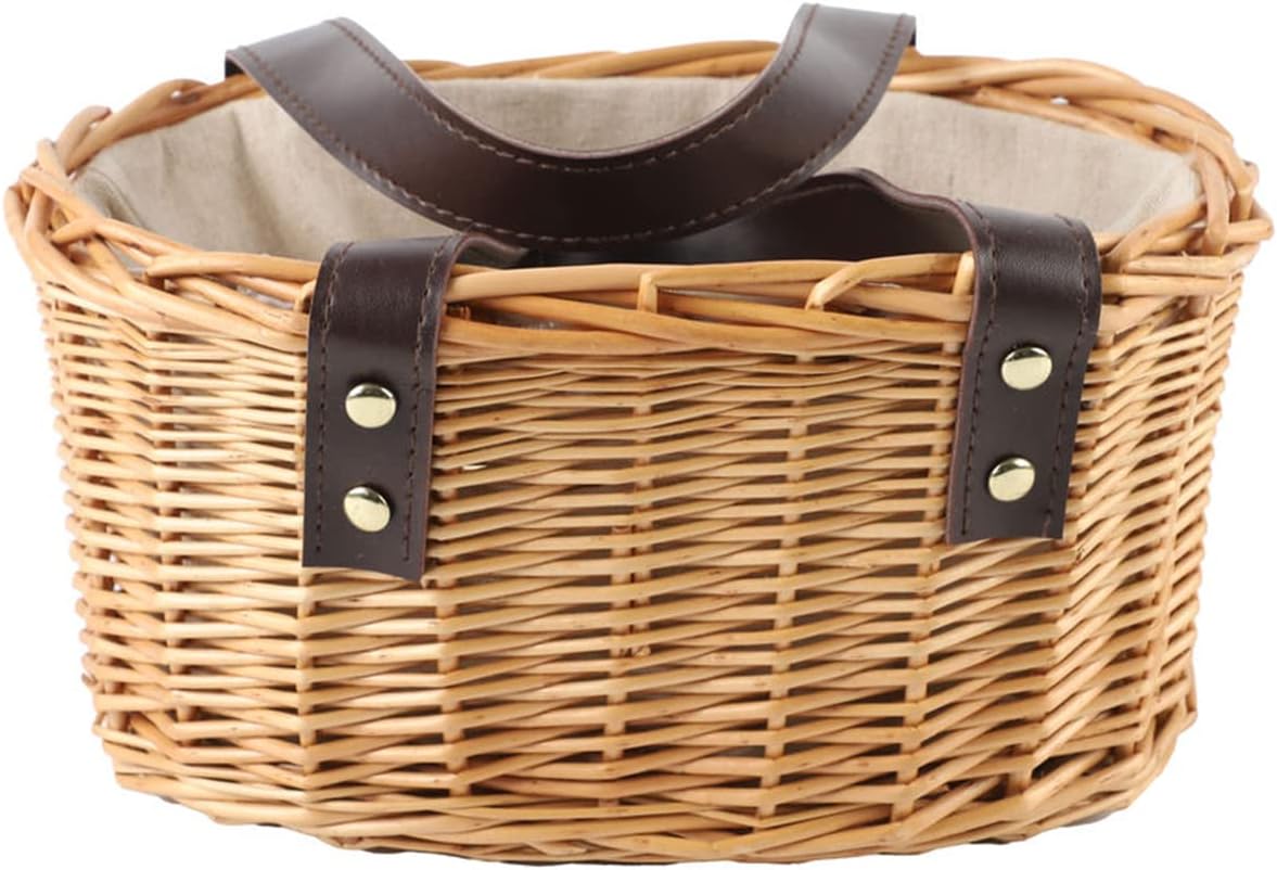 Wicker Picnic Basket with Double Leather Handles, Natural Willow Hamper for Easter Eggs Candy Wine Toy Flower Wedding Gifts