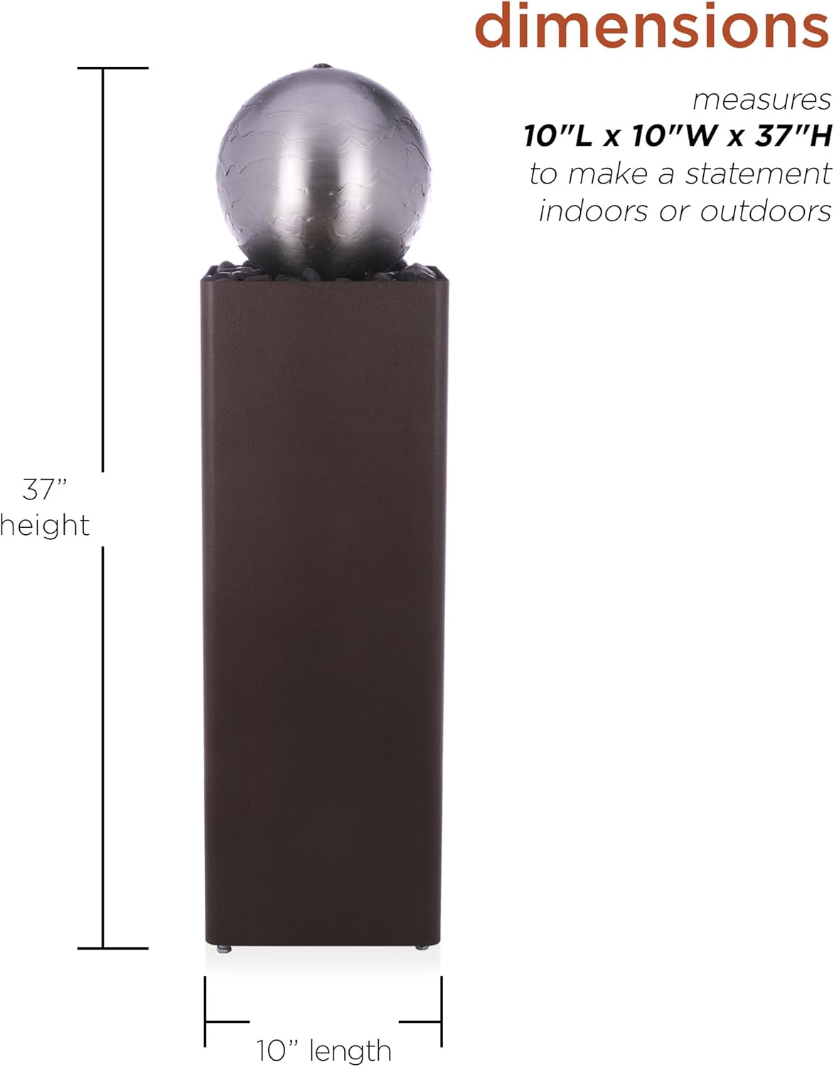 Alpine Corporation CPS188 Indoor Outdoor Modern Metal Orb Water Floor Fountain with River Rock Stone for Patio, Garden and Living Room, 37" H, Brown