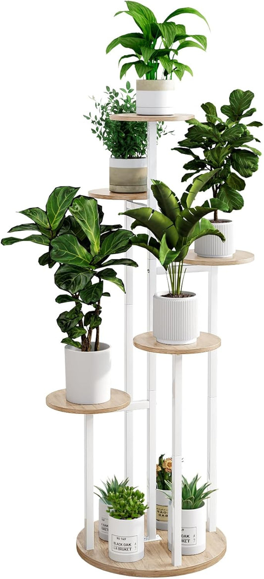 Plant Stand Indoor 6 Tier 9 Potted Multiple Flower Pot Holder for Patio Garden Balcony Living Room Corner (6 Tier White+Sonoma Oak)