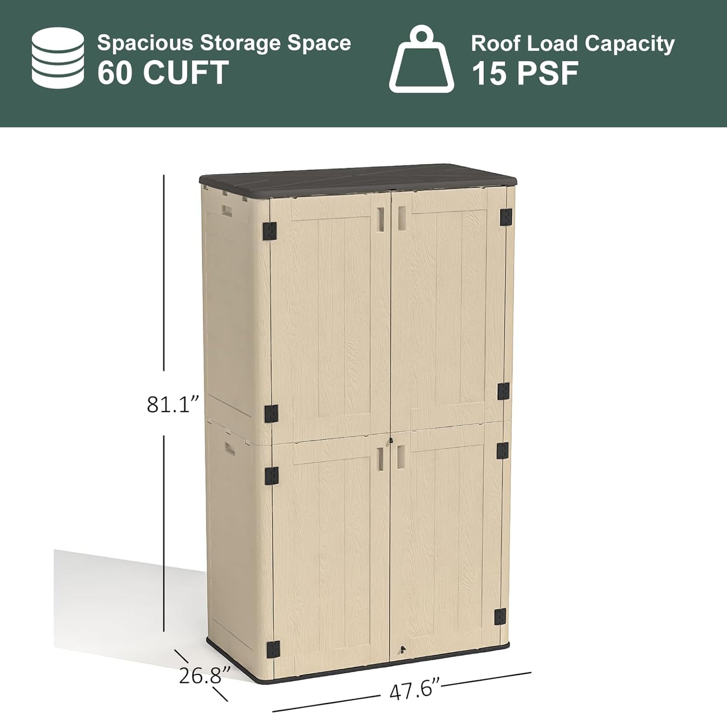 60 Cu.Ft Vertical Outdoor Storage Shed, All-Weather Resin Storage Cabinet Waterproof with Lockable Floor, Tall Backyard Shed for Patio Furniture, Garage, Garden, Pool Accessories, Porch (Khaki)