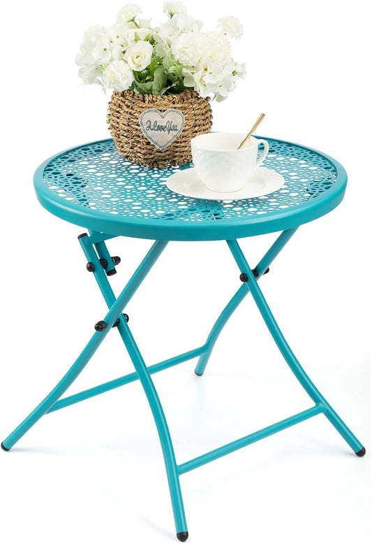 TeoKJ Folding Outdoor Side Tables, Anti Rust Small Patio Table Round Metal Nightstand with Flower Cutouts for Porch Yard Balcony Deck Lawn, Blue