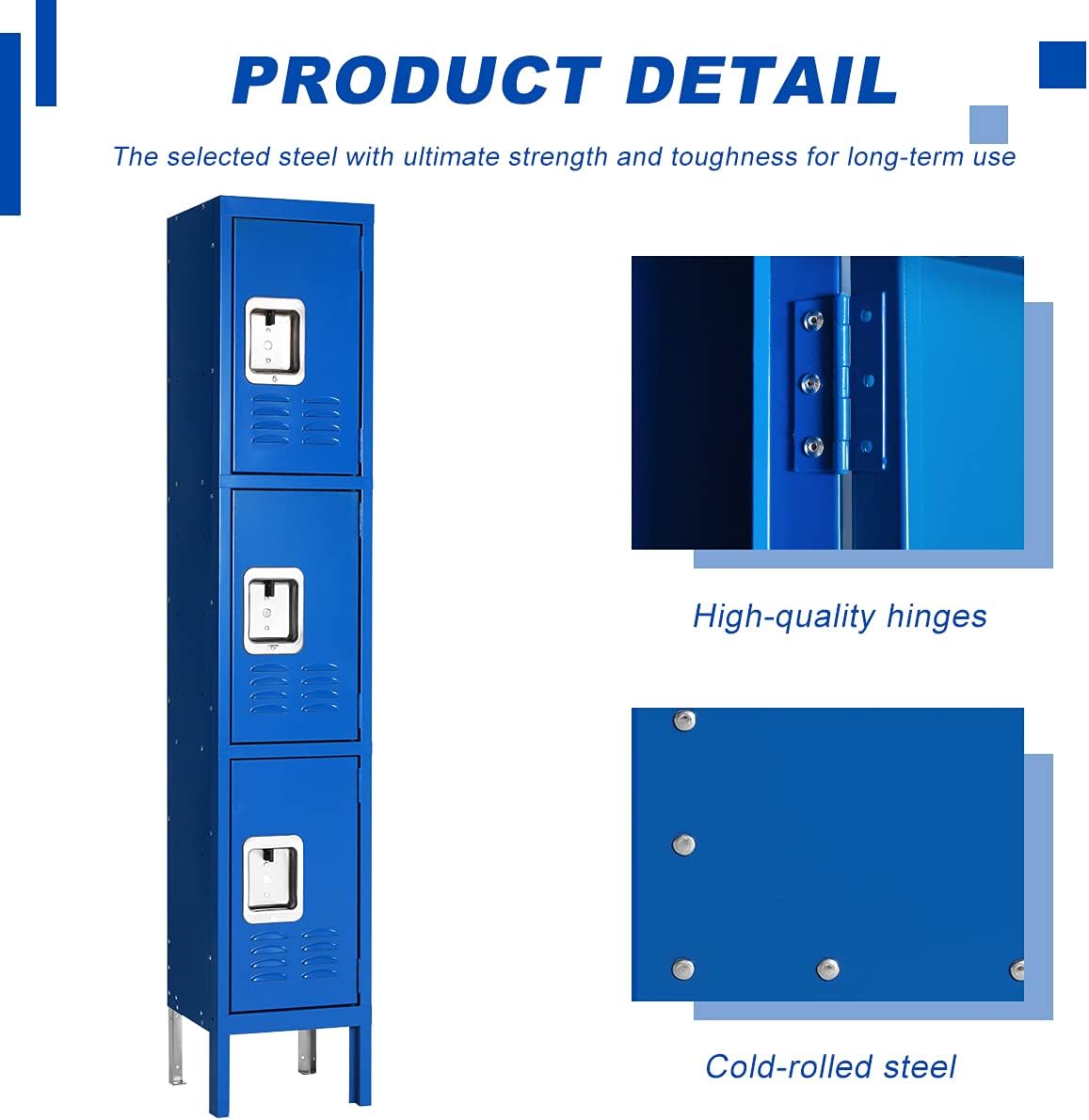 Metal Locker for Employees, Office Storage Lockers 3-Tier Steel Lockers for School Gym Locker Compartment Home Office 3 Doors Blue