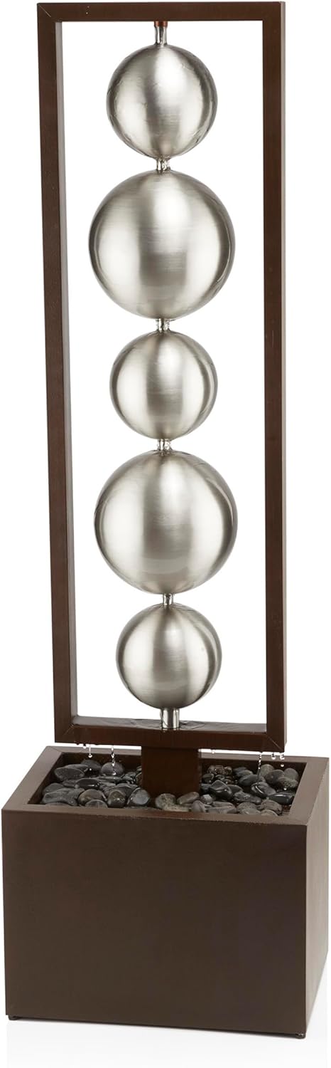 Alpine Corporation Outdoor 55" Modern Stainless Steel Geometric Orbs Water Fountain, Soothing Water Feature for Patios, Gardens, and Outdoor Decor, Brown