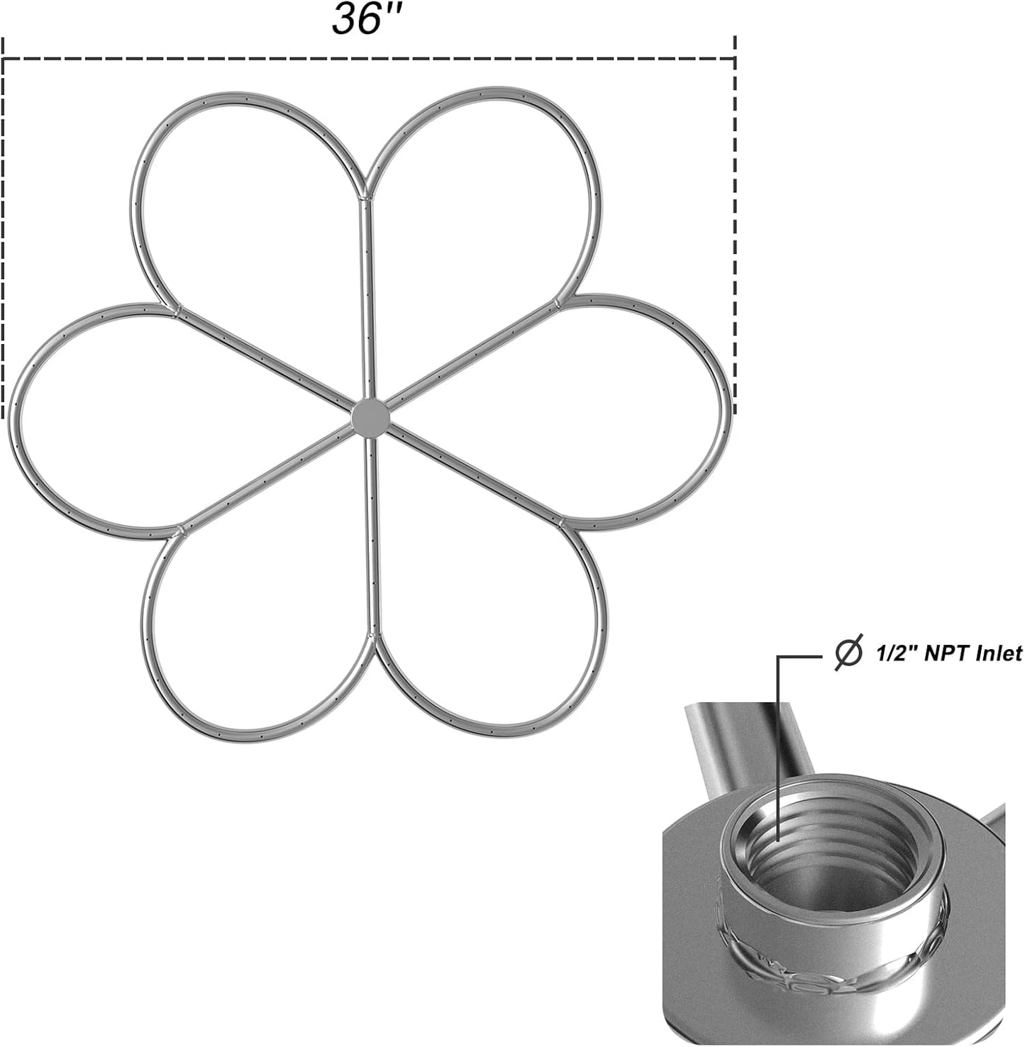 Skyflame 36-Inch Fire Pit Burner, 304 Stainless Steel Flower-Shape Burner Ring for Fire Pit, Natural Gas & Propane Fireplace, Max BTU 443K