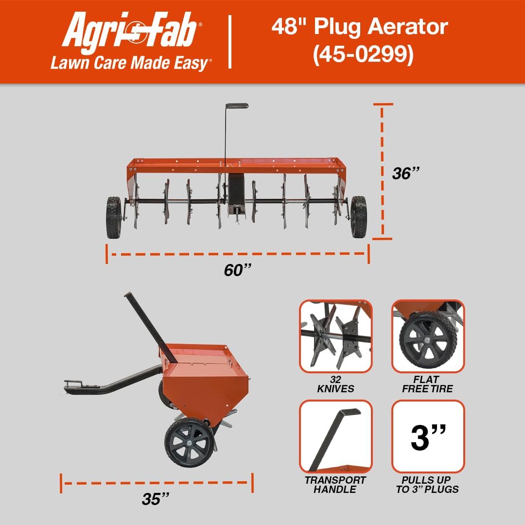 Agri-Fab 45-0299 48" Tow Behind Lawn Plug Aerator with Universal Hitch; Designed to Pull Behind Lawn & Garden Tractors