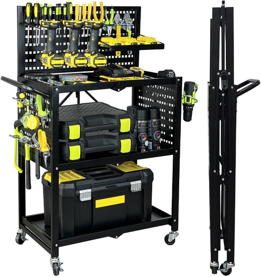 Lumizone Rolling Tool Cart with Wheels and Pegboard Hooks Folding Utility Service Cart for Garage Organizer Storage Foldable Power Tool Organization on Wheels Heavy Duty Frame (Tool Cart+Hooks)