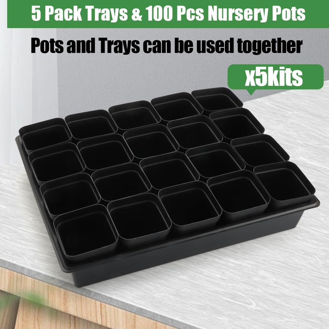 3.15 inch (8CM) Square Nursery Pots 100 pcs, Sturdy Seedlings Trays 5 Pcs, Seeds Starter Germination Tray, Microgreening Planter Nursery Propagation 5 Sets