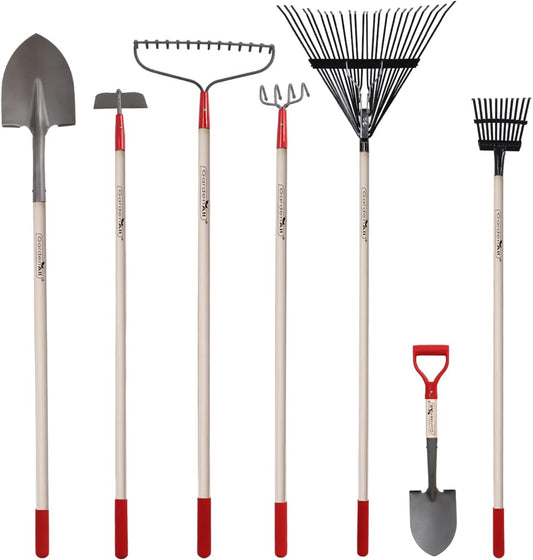 GardenAll 7-Piece Shovels Rakes Hoe Set Garden Tools Gifts for Women Long Wood Handle Pointy Shovels for Digging Short Handle Shovel Meteal Rakes Cultivator Set
