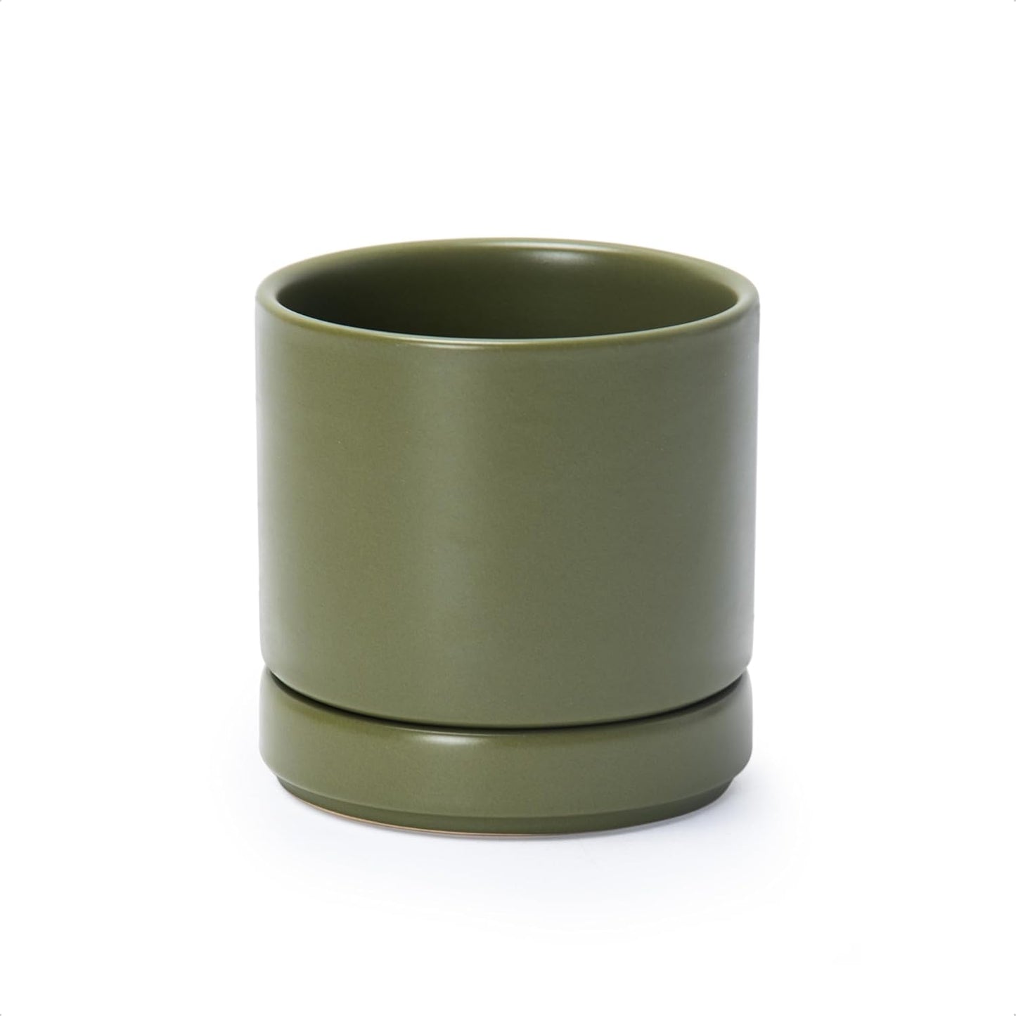 D'vine Dev 4.7 Inch Ceramic Planter Pot with Drainage Hole and Saucer, Indoor Cylinder Round Planter Pot, Olive, 94-O-B-J