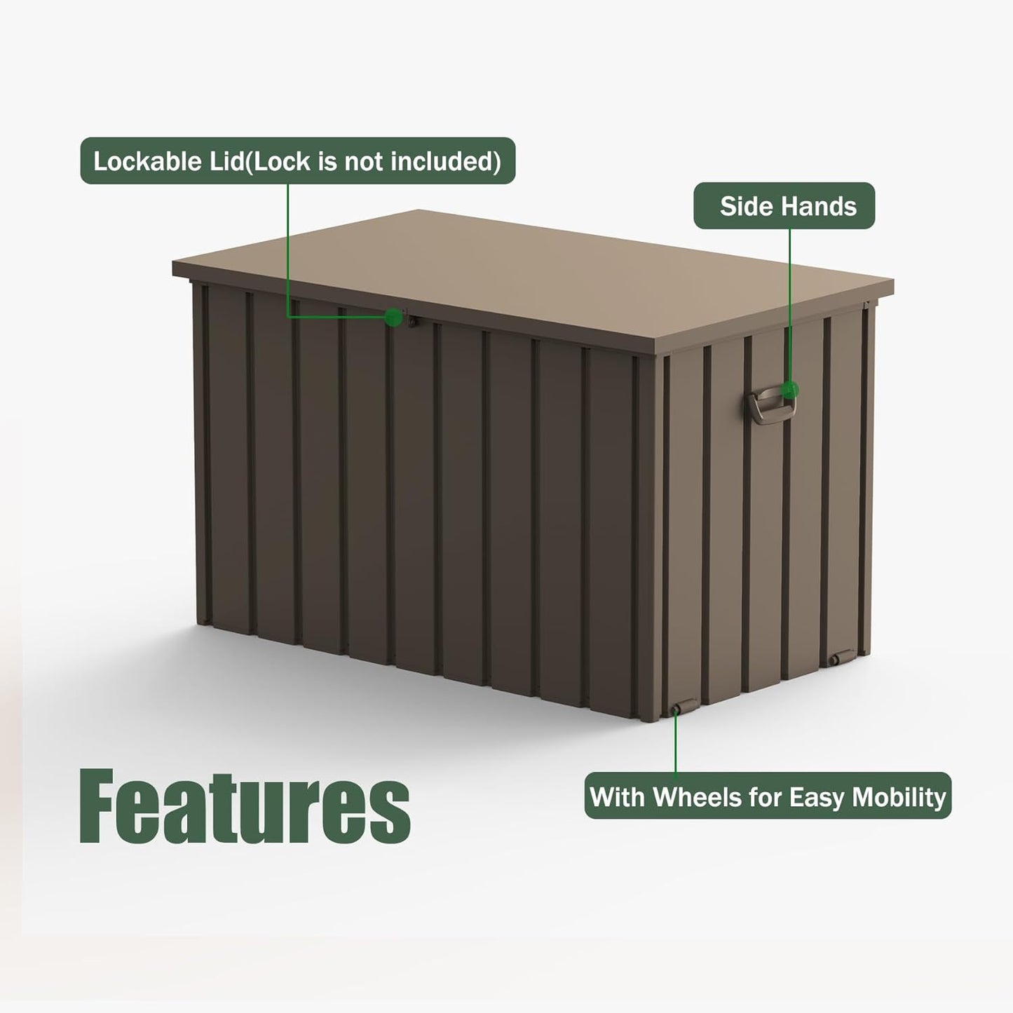 Domi Deck Box 160 Gallon, Waterproof Lockable Steel Outdoor Storage Container for Outside Cushions, Garden Tools and Pools Equipment, Brown