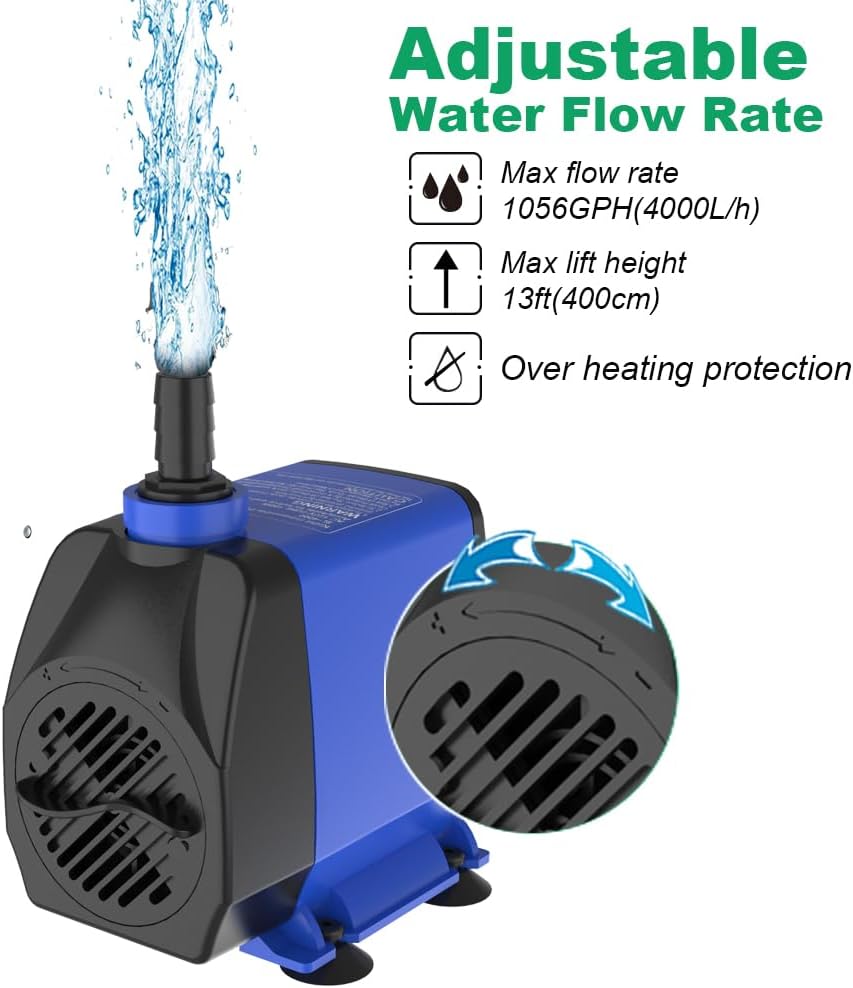 Submersible Pump 1056GPH (4000L/H 85W) Ultra Quiet with Over Heating Protection 9.8ft Power Cord for Fountains, Hydroponics, Ponds, Aquariums & More…