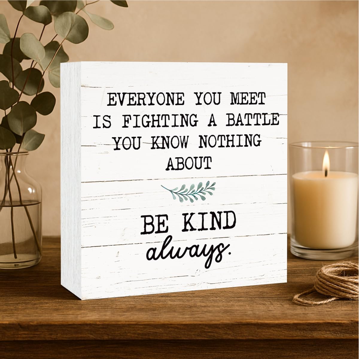 Inspirational Wood Block Signs, Positive Wood Decor, Shelf Table Decor, Desktop Decoration for Home Room Bedroom Office, Rustic Decorative Box Signs, Be Kind Always Sign, White