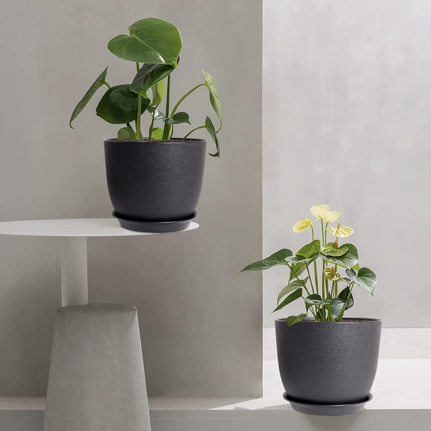 Modern Plant Pots Set, 9/8/7.5 inch Plastic Planters for Indoor Plants, Stylish Flower Pots with Drainage Holes and Saucers for House Plants and Flowers, Black