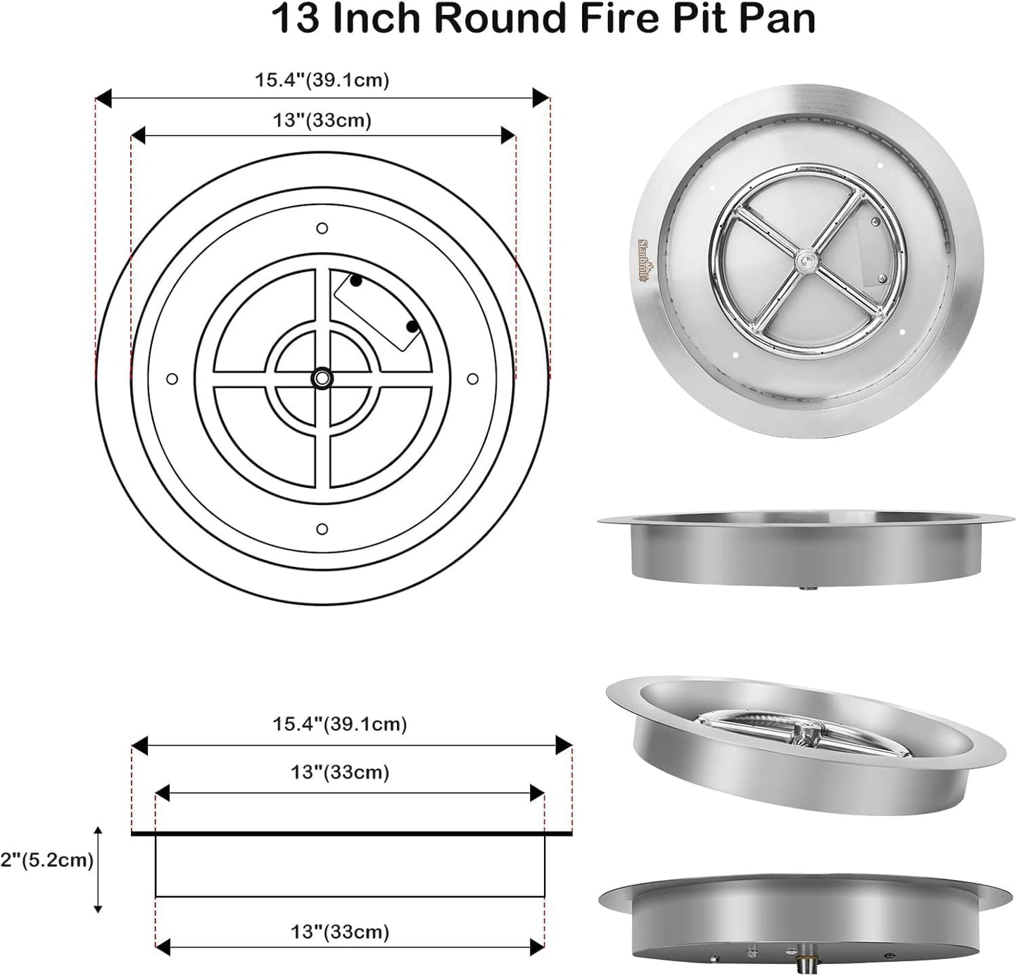 Stanbroil 13-Inch Drop-in Fire Pit Burner Pan, Round Fire Pit Insert for Propane & Natural Gas DIY Fire Table, Stainless Steel Firepit, BTU 88,000 Max