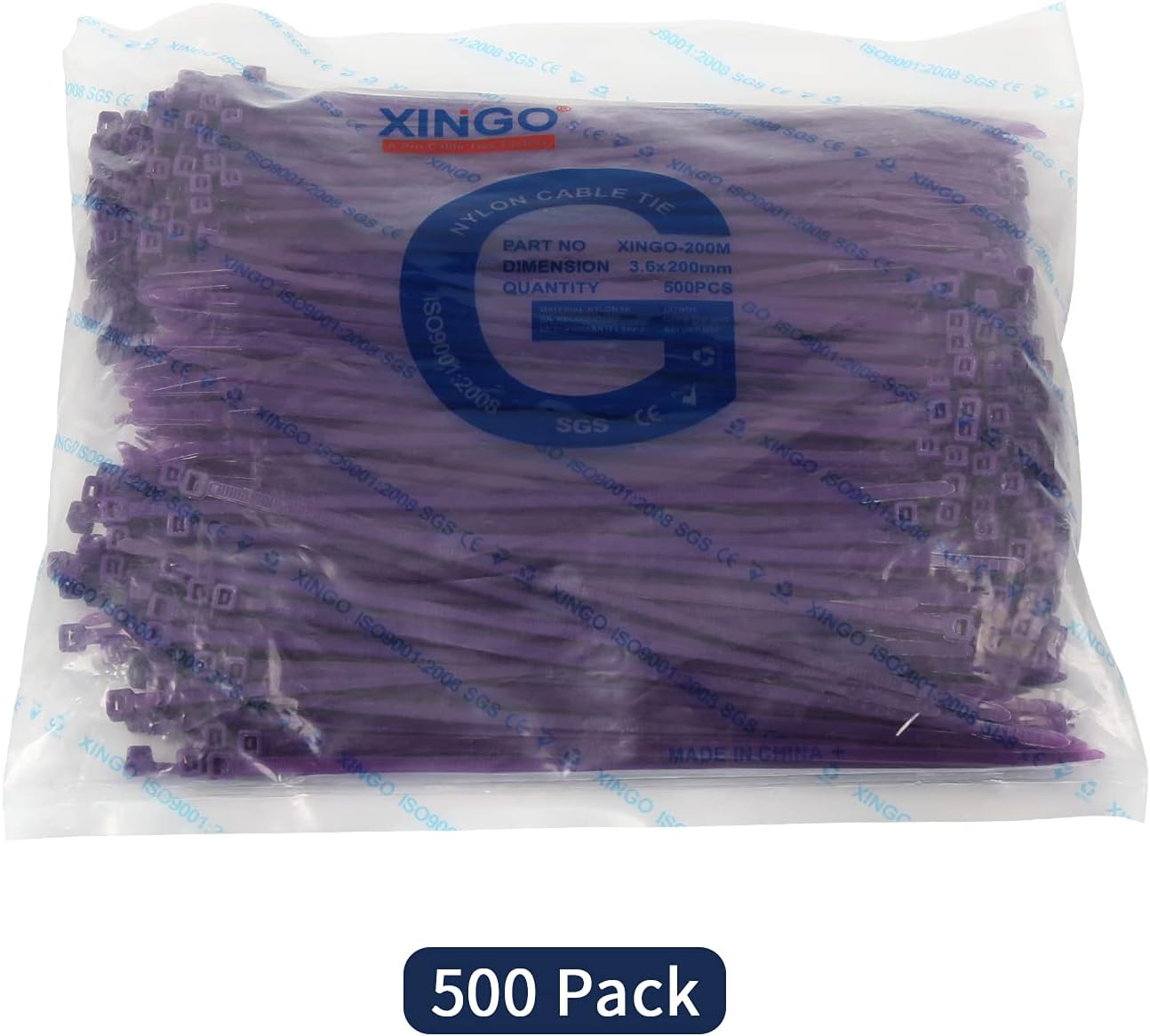 XINGO 8 Inch Purple Cable Zip Ties (500 Pack), 40 Lbs Tensile Strength-Heavy Duty, Self-Locking Nylon Plastic Nylon Wire Ties for indoor and outdoor use