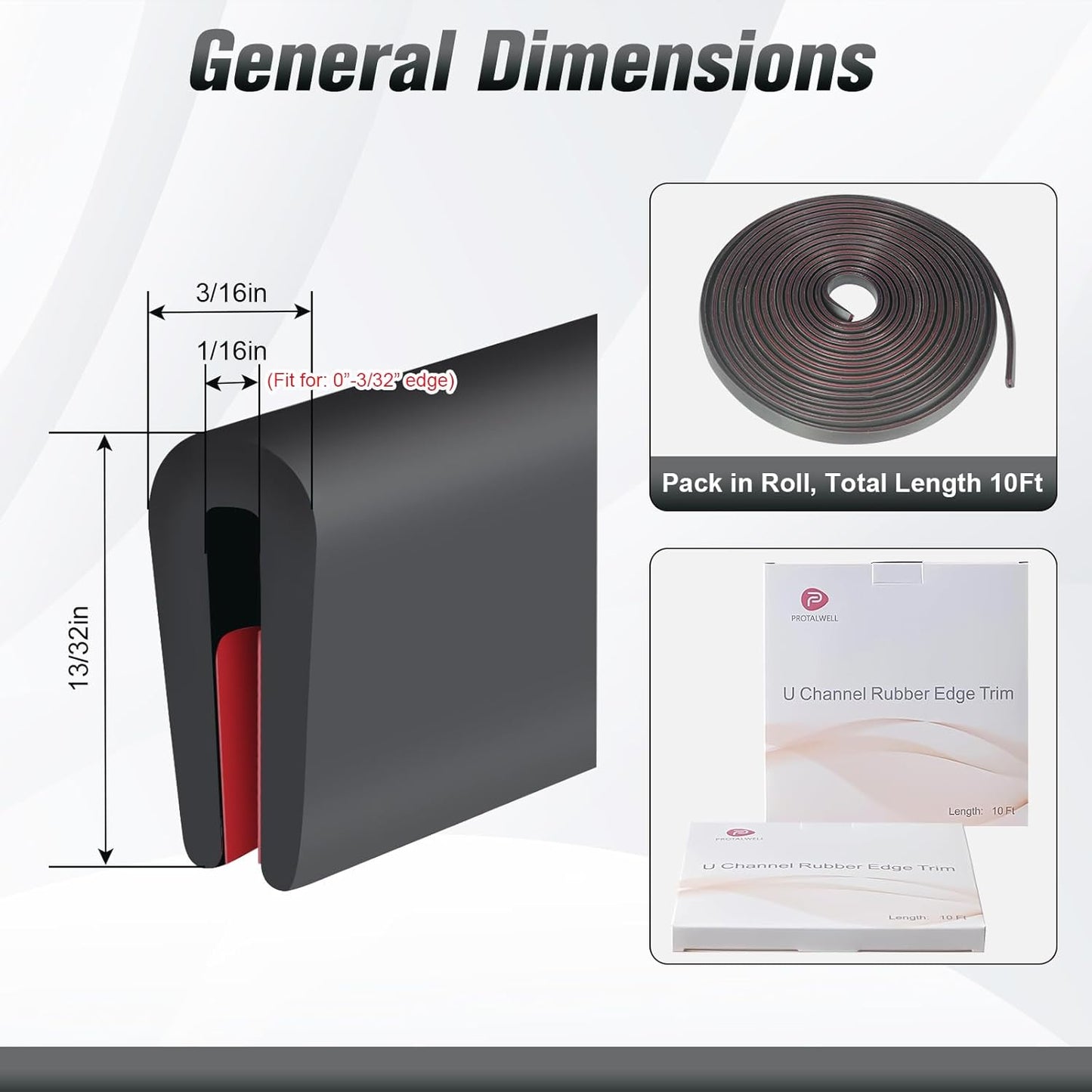 Edge Trim, 1/16" Rubber Edge Trim, Flexible Self Adhesive U Channel Edge Guards, Edge Protector for Sharp Edge, Sheet Metal and Car Doors, Peel and Stick Auto Door Guard, Black Color, 10Ft