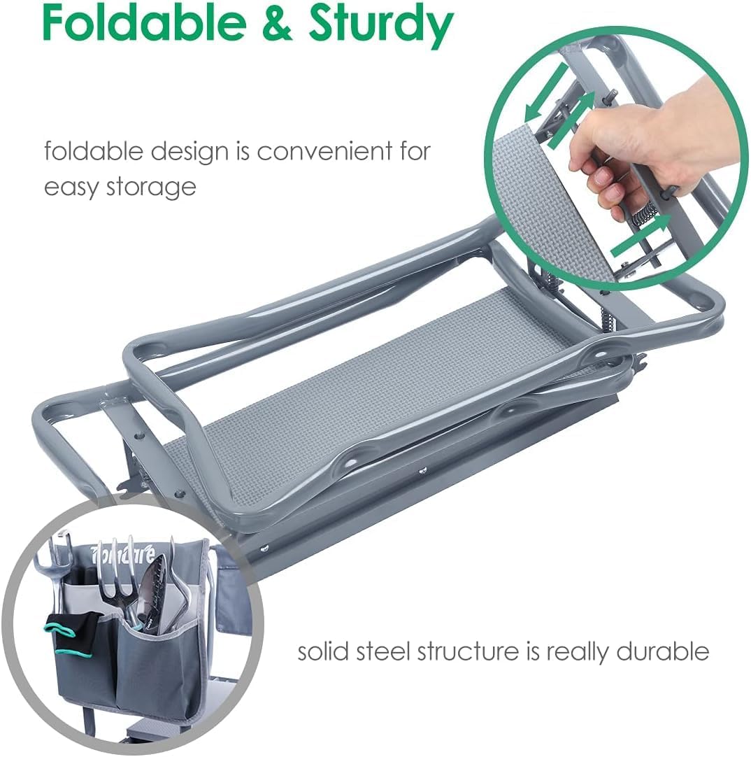 TomCare Garden Kneeler Seat Garden Bench Garden Stools Foldable Stool with Tool Bag Pouch EVA Foam Pad Outdoor Portable Kneeler Christmas Gardening Gifts for Women Men,Large 21.65"x10.62"x18.89",Grey