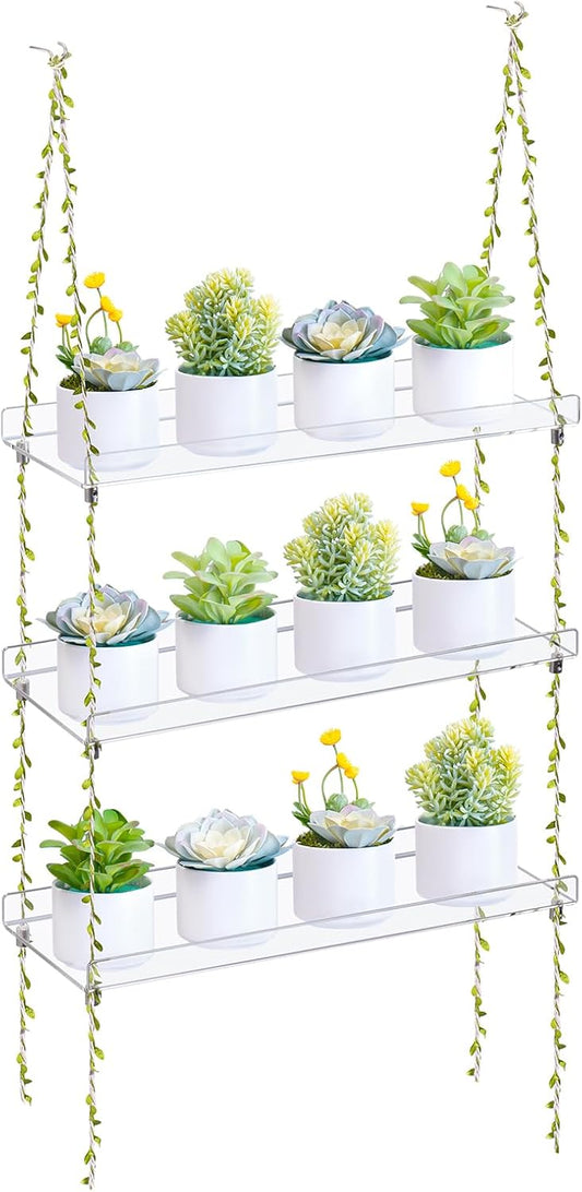 Sumerflos Acrylic Window Boxes Plant Shelves 3 Tier - Clear Hanging Shelf Indoor Jute Twine Adjustable Plant Holder for Window Wall Living Room Balcony Natural