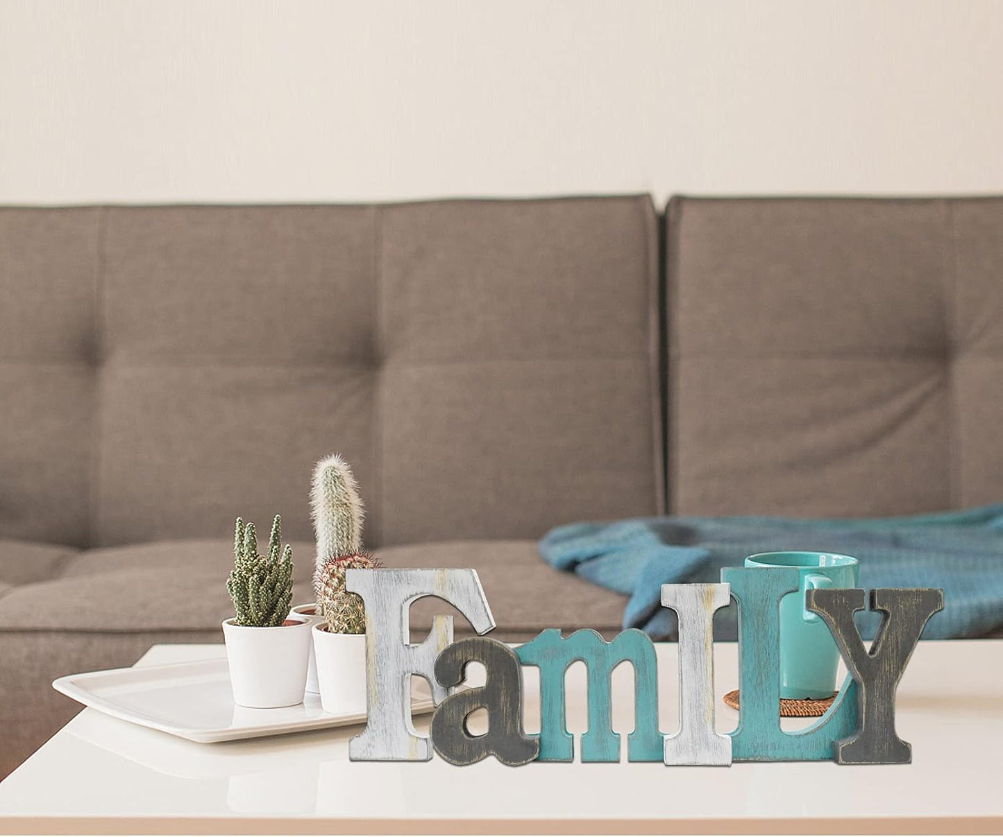 E-view Wooden Letters Sign Decorative Wood Block Signs Freestanding Word Cutout Distressed Teal Sign for Shelf Table Mantle Hanging Ornament Rustic Home Decor (Family)