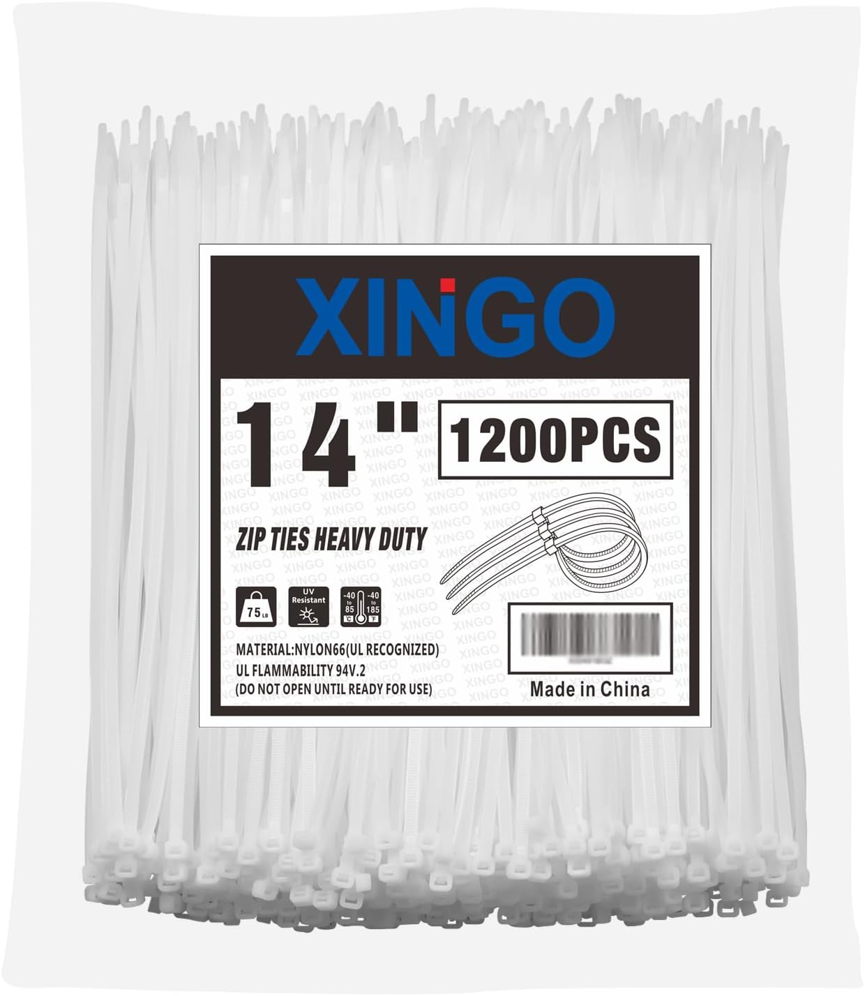 XINGO 14 Inch White Zip Ties 1200 PCS, 75 LBS Ultra Strong Tensile Strength, UV Resistant Cable Ties, Self-locking Plastic Ties for Indoor and Outdoor Use