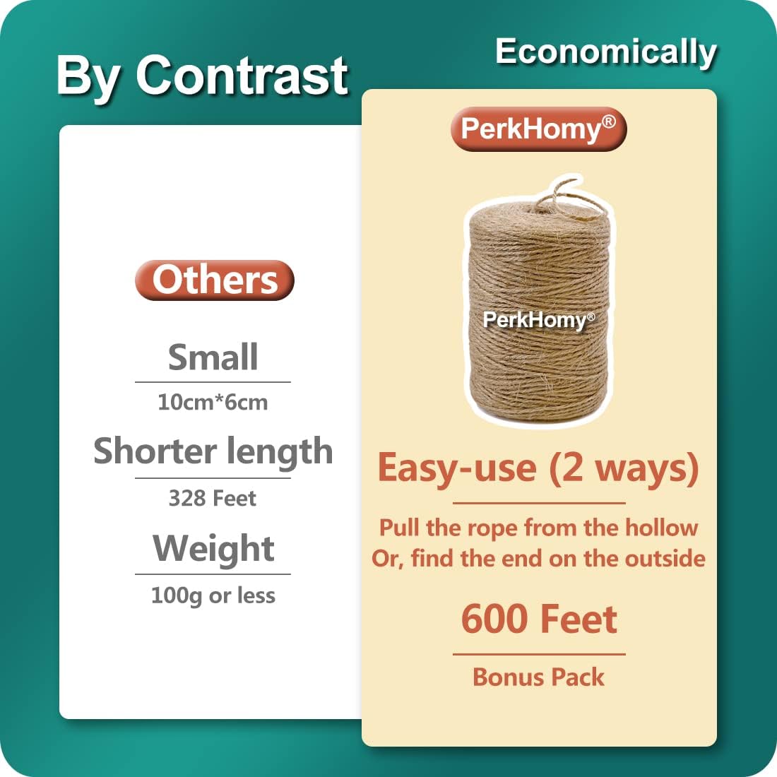 PerkHomy Natural Jute Twine 600 Feet Long Twine String for Crafts Gift Wrapping Packing Gardening Crochet Knitting Macrame Decor (Brown 2mm * 600feet)