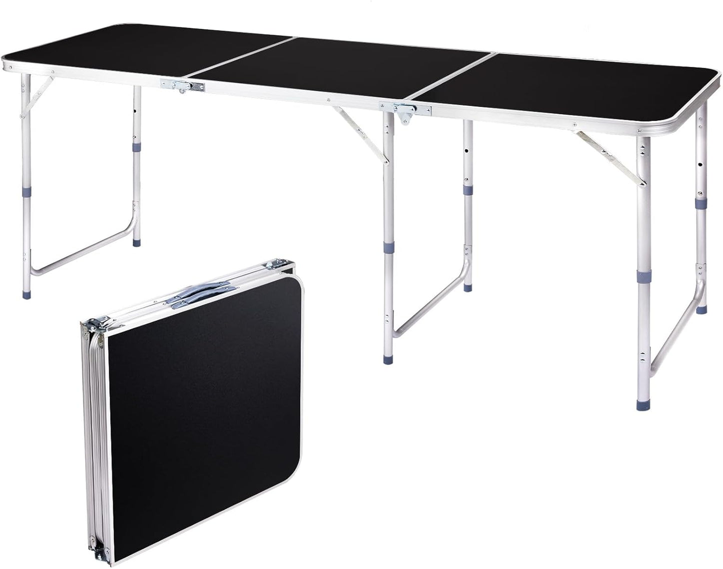 6.0 Ft Folding Portable Camping Table with Three Adjustable Heights, Tri-fold Outdoor Table, Outdoor Camping Kitchen, BBQ, Picnic, Cooking, Beach, Garden, Party, Black