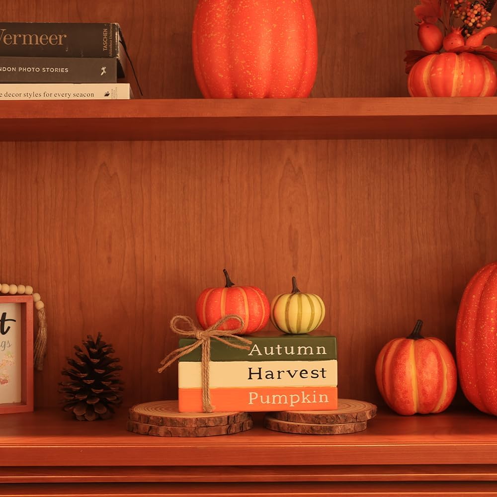 DECSPAS Fall Decorations for Home, Autumn Harvest Wooden Stacked Books Sign with Pumpkins & Bow for Fall Decor, Thanksgiving Tabletop decorations for Tiered Tray, Shelf, Table, Mantle, Fireplace