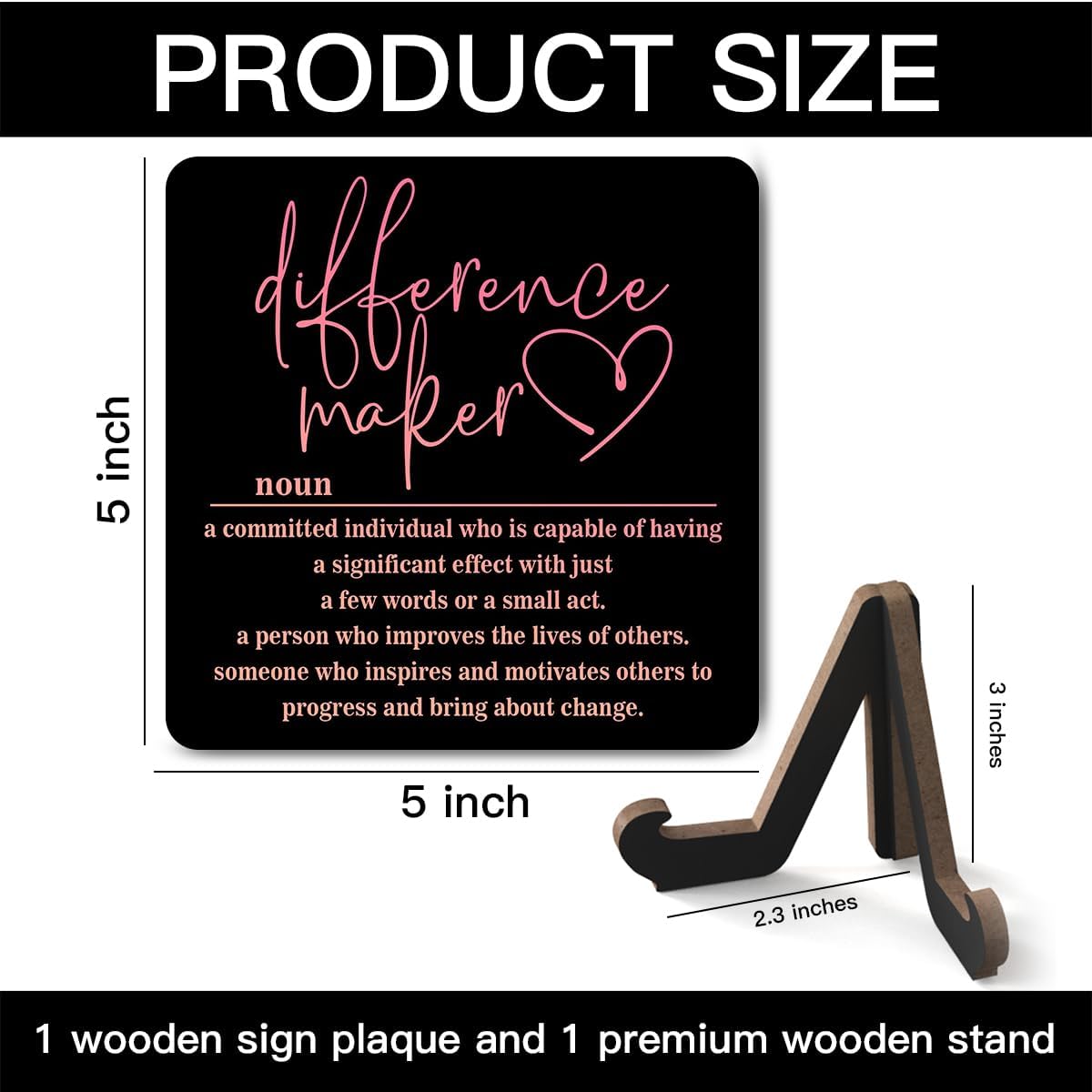 Wooden Table Sign Office Decor Difference Maker Definition Desk Decor Wood Plaque With Stand Thank You Gifts for Boss Women Best Mom Coworker Teacher Office Desk Accessories(Black)-C02