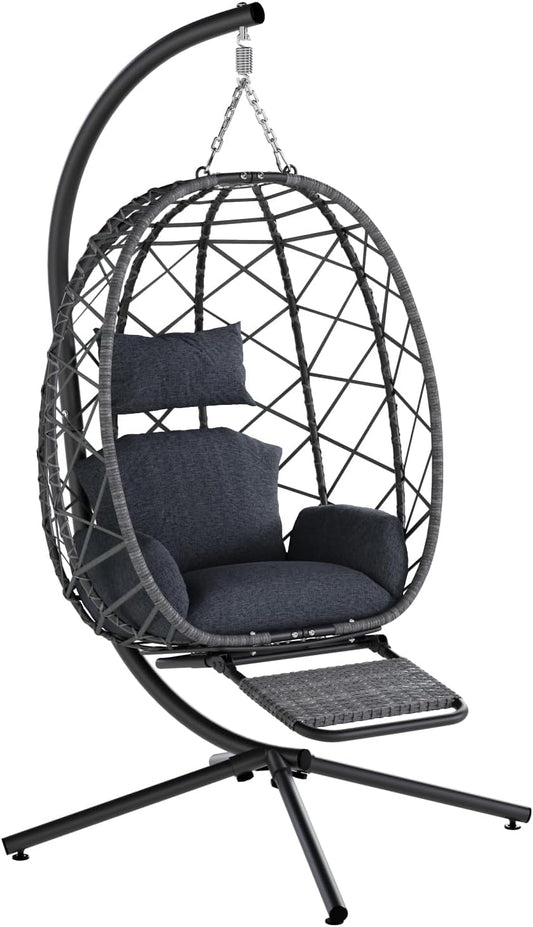 SWITTE Hanging Egg Chair with Stand, Outdoor Swing Egg Chair with Footrest, Patio Hammock Chair with Cushion for Garden Backyard-Dark Grey