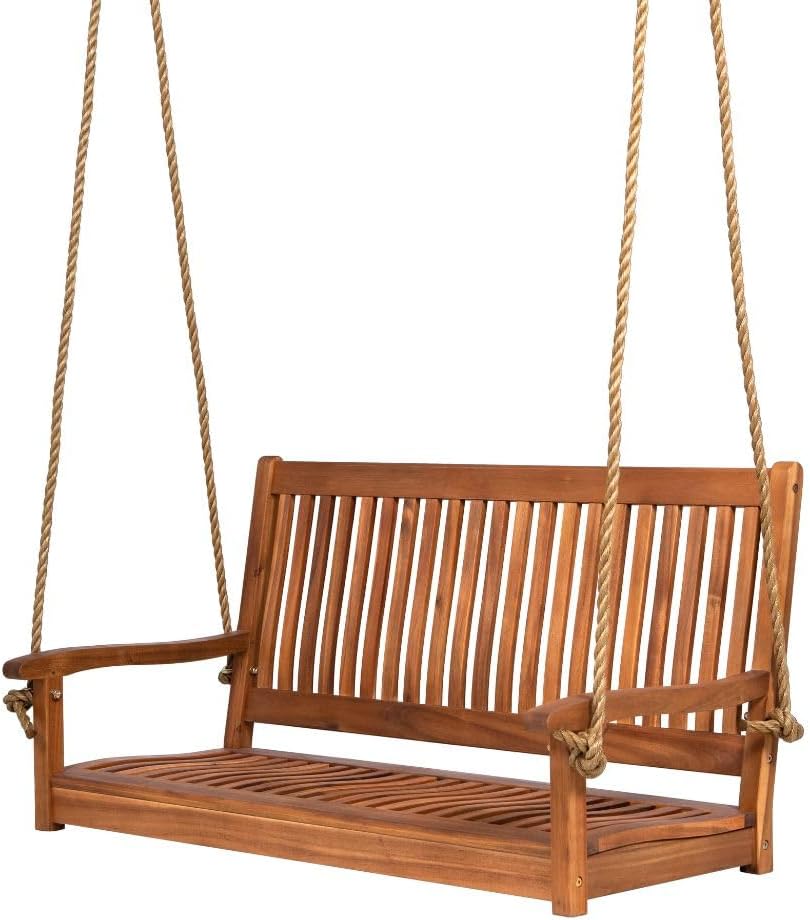 East Green Hayden 4 Foot Wooden Porch Swing in Natural Oil Finish - Outdoor Bench Swing Crafted from Naturally Weather-Resistant Acacia Wood