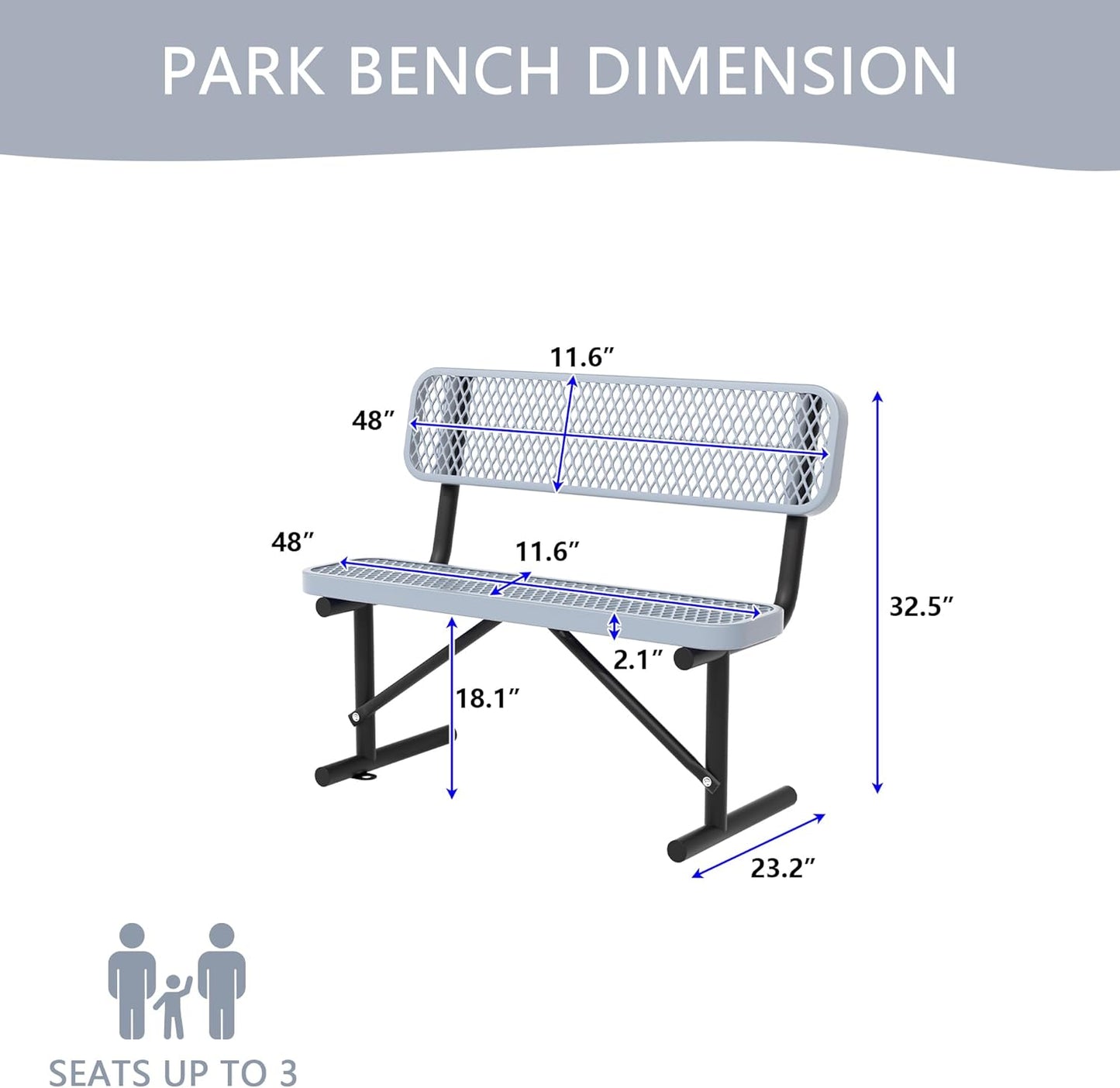 4/6/8 Feet Park Bench for Outside Heavy Duty Metal, Garden Benches Outdoor Bench with Backrest & Portable Frame, for Shopping Malls Stores Parks Patios Decks, Grey