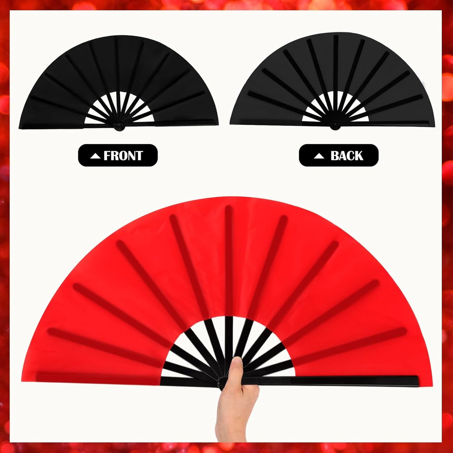 Maitys 2 Packs Large Clap Fans for Line Dancing Large Chinese Folding Hand Fans for Men and Women, Festival, Tai Ji, Kungfu, Martial Art, Gifts (Black and Red)
