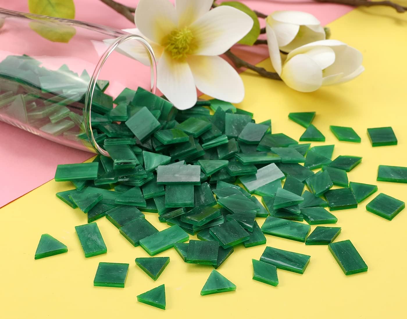 Lanyani 200 Mixed Color Glass Mosaic Tiles - 4 Shapes, Tiffany Stained Glass Pieces for Crafts, Pine Green