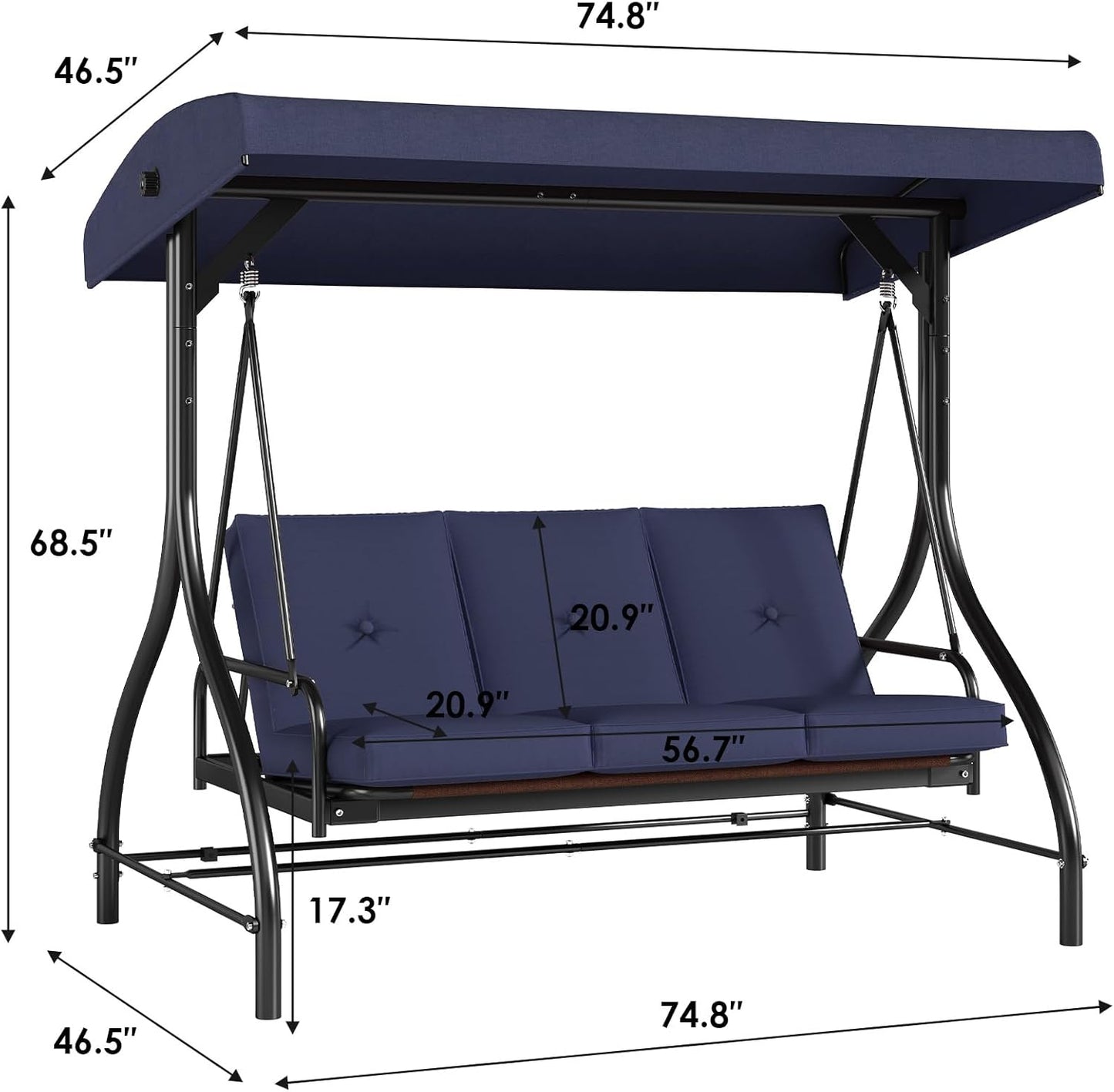 TLSUNNY 3-Seat Outdoor Patio Porch Swing with Adjustable Canopy & Backrest, Convertible Glider Bed with Stand, Removable Seat Cushion, 45° Tilt Adjustment for Backyard, Poolside, Balcony - 750LBS