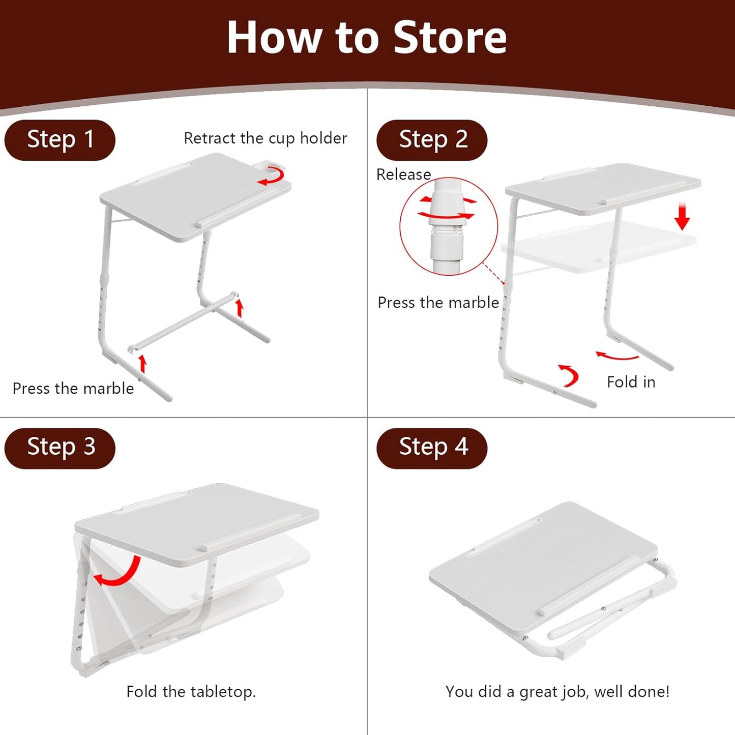 Adjustable TV Tray Folding Dinner - White Trays for Eating On Couch Wooden Tables Mate Stand Foldable Desk with Cup Holder Portable